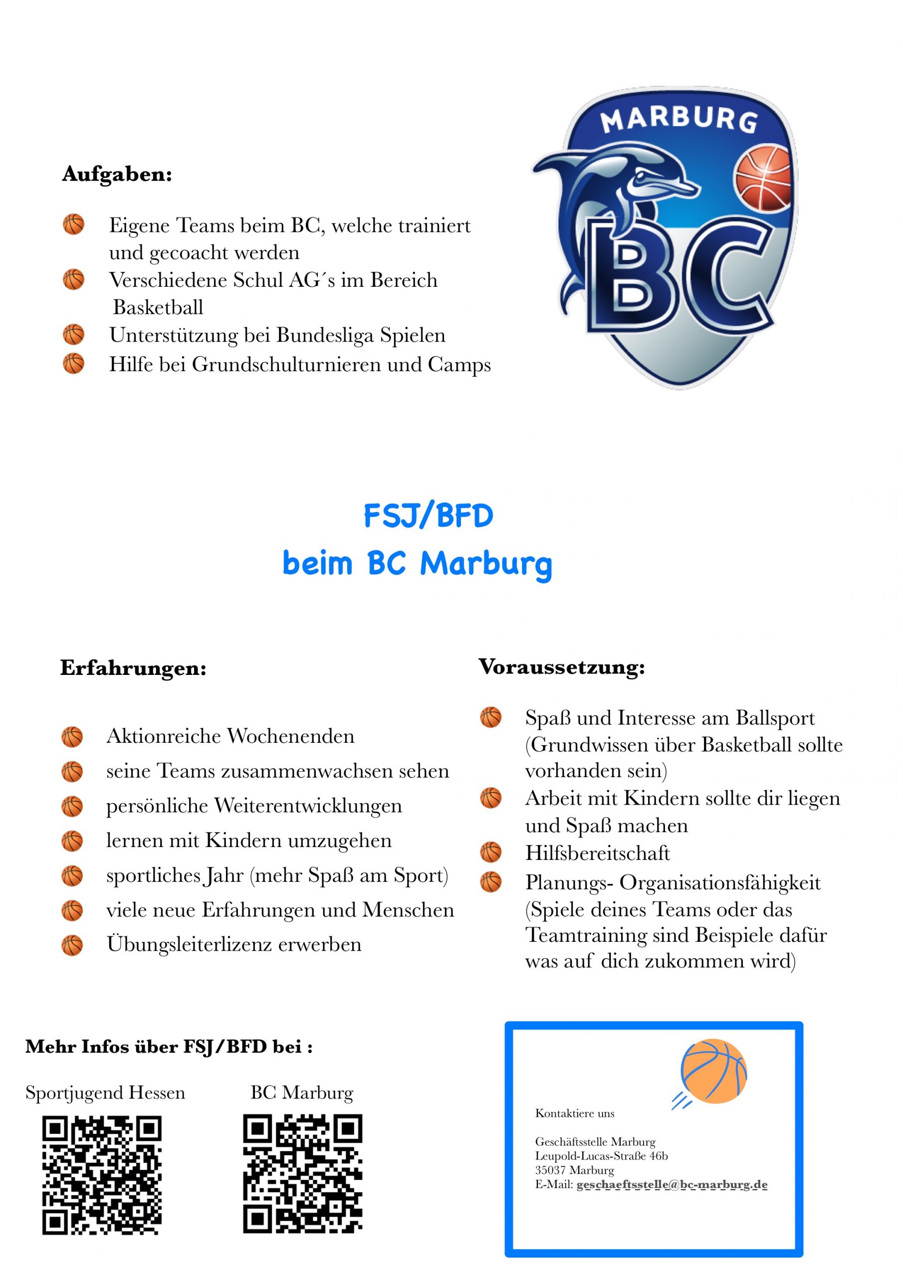 Freiwilliges Soziales Jahr oder Bundesfreiwilligendienst beim Basketball-Club Marburg